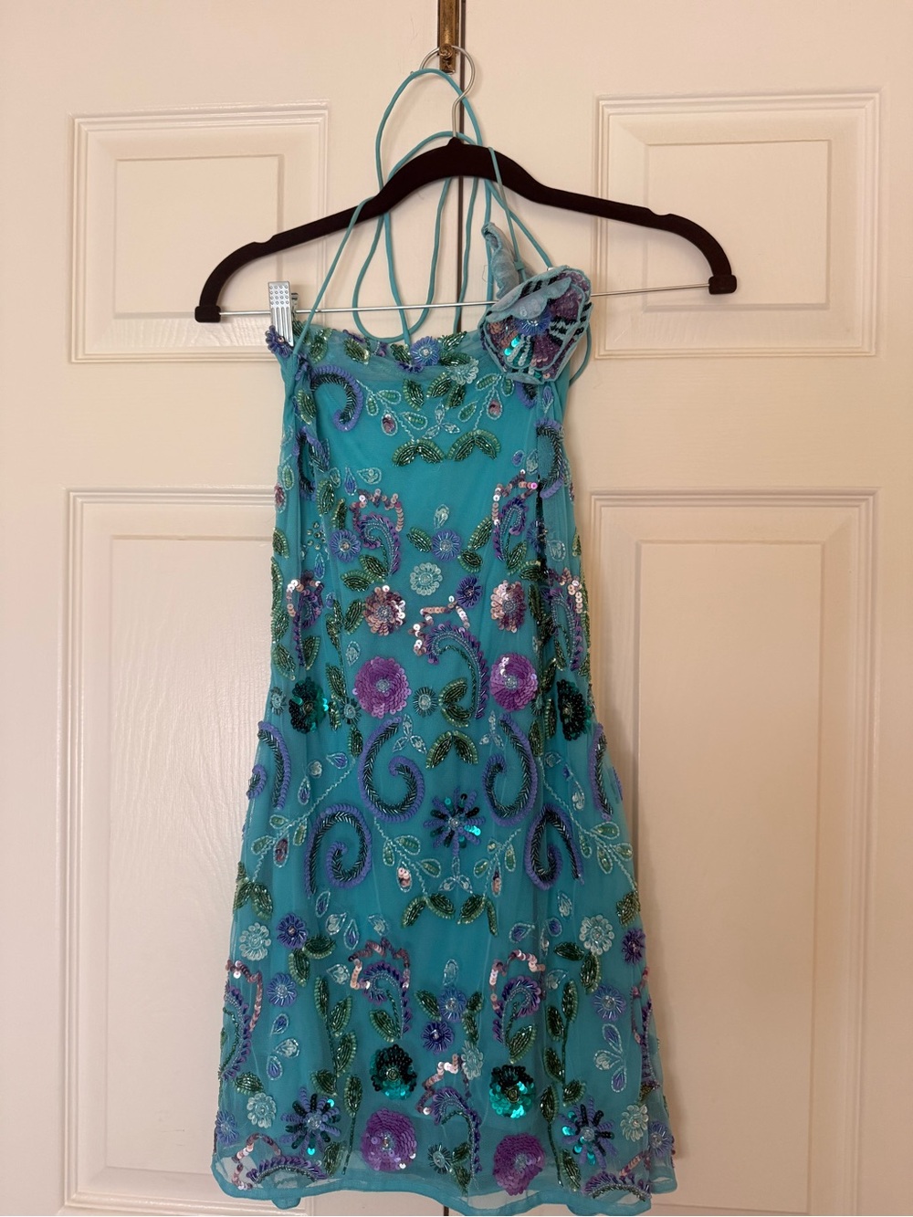 MAJORELLE Turquoise Sequined Floral Mini Dress